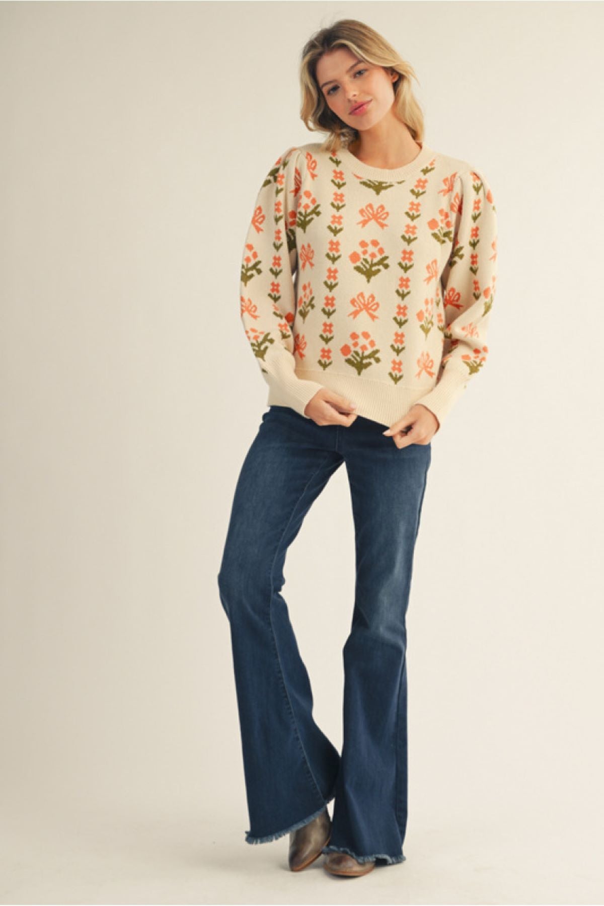 Long Sleeve Floral Patterned Lovely Sweater Top