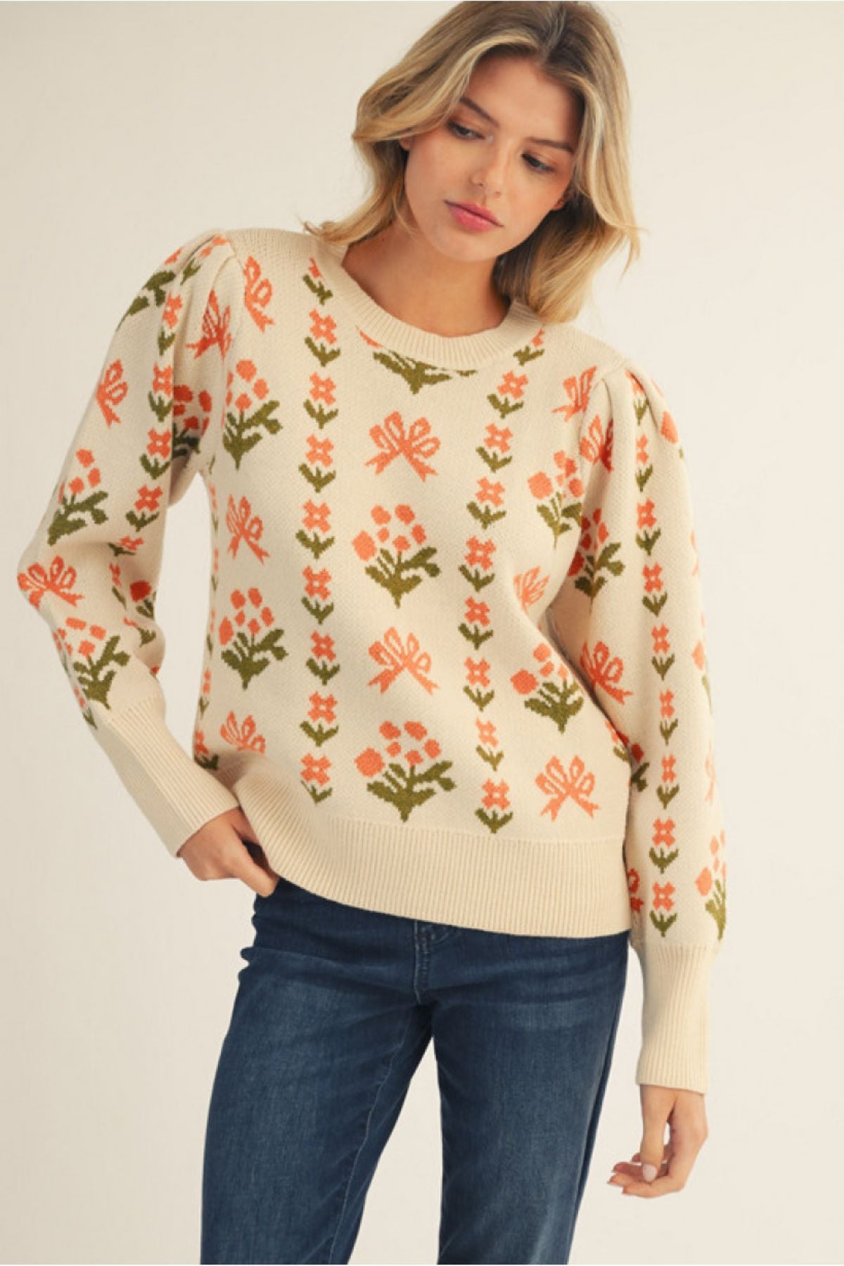 Long Sleeve Floral Patterned Lovely Sweater Top