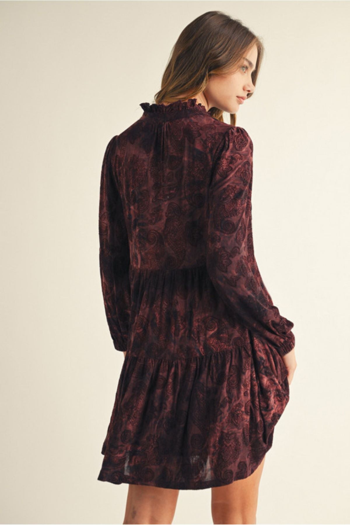 Boho Paisley Velvet Burnout Dress with Side Pockets and Ruffled Neckline