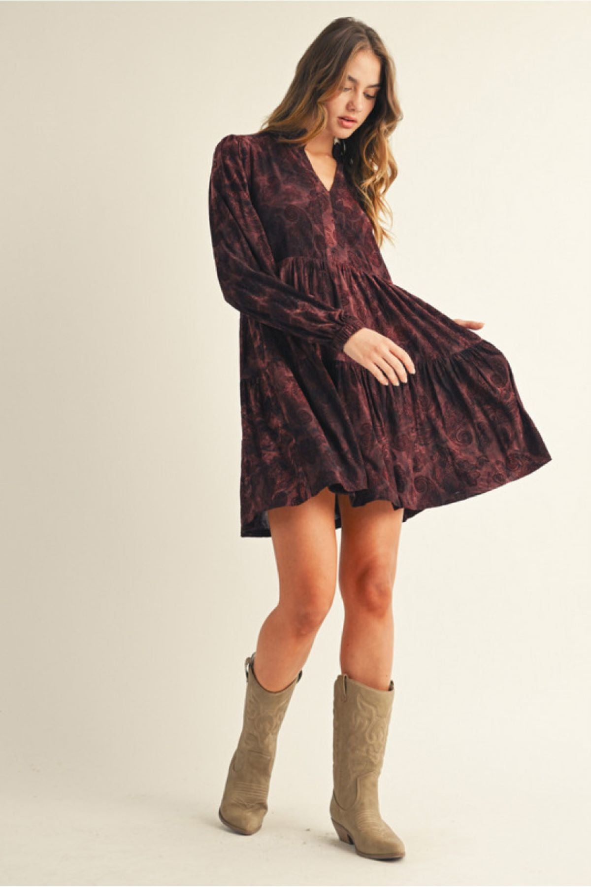 Boho Paisley Velvet Burnout Dress with Side Pockets and Ruffled Neckline
