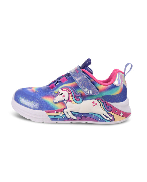 A kids' light-up sneaker featuring a colorful galaxy print in blue, purple, and pink, with a white unicorn graphic on the side, a hook-and-loop strap closure, and a pull tab on the heel.