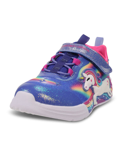A children's light-up sneaker featuring a purple and blue galaxy glitter upper with a white unicorn graphic, pink lining, and a hook-and-loop strap closure.