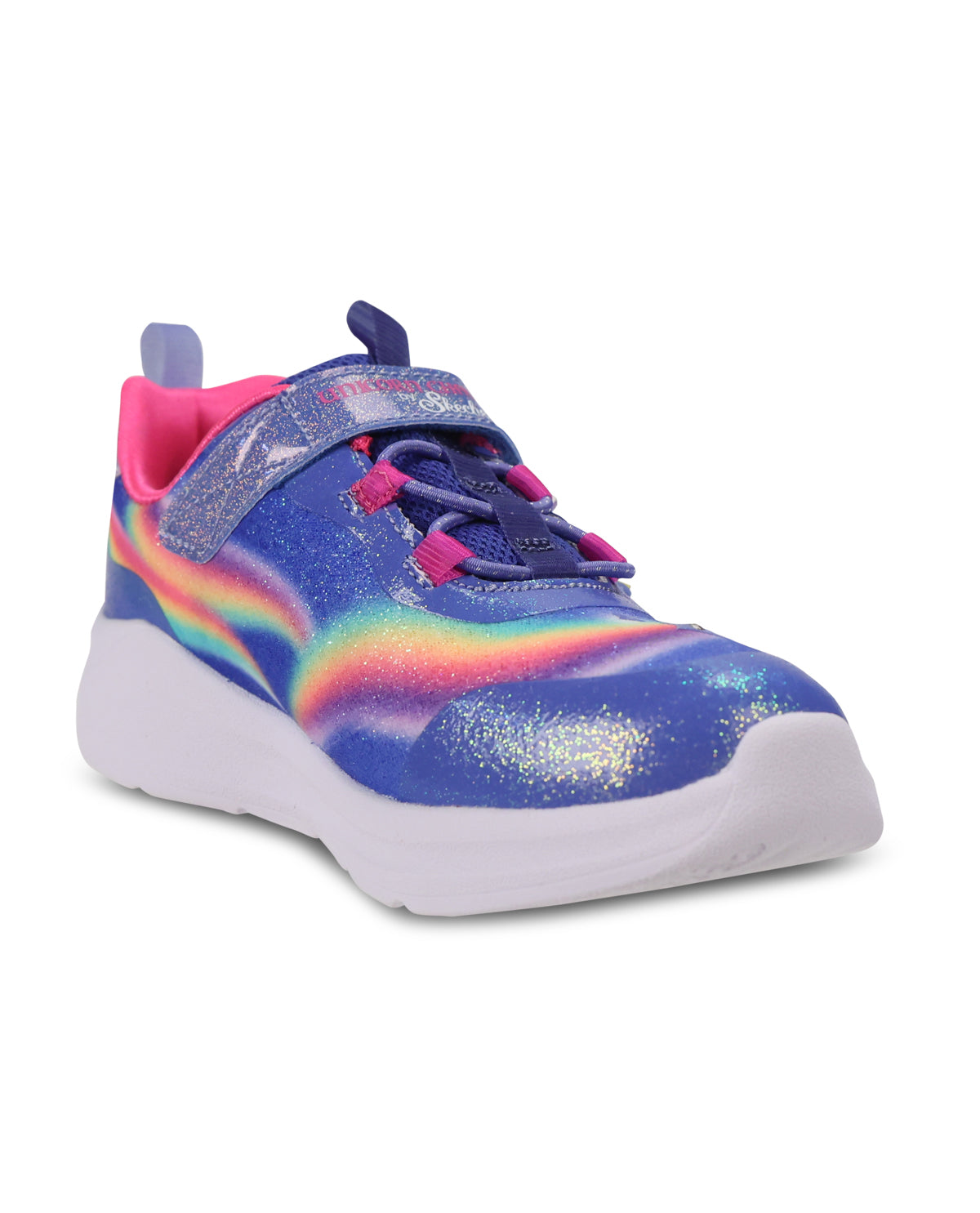 A kids' low-top sneaker featuring a blue glittery upper with a vibrant rainbow gradient stripe, pink lining, and a white sole, shown against a plain white background.
