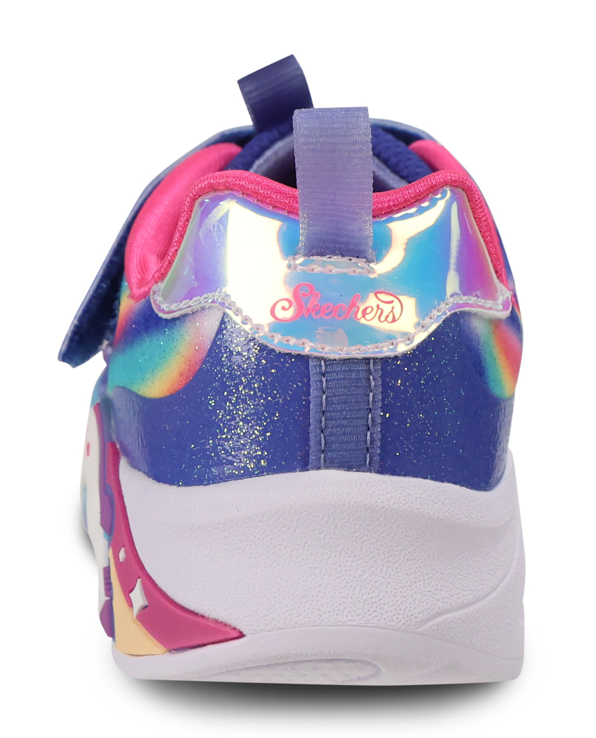 A Skechers toddler sneaker featuring a vibrant blue glittery upper with holographic rainbow accents, a pink and blue pull tab, and a white textured sole.
