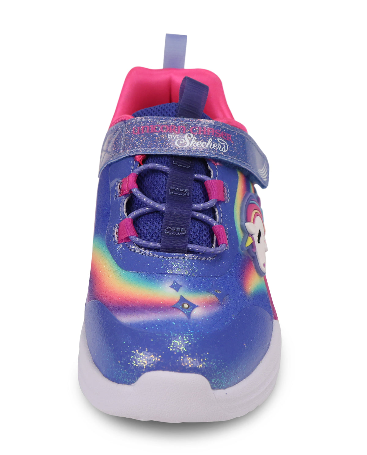 A children's purple and blue glitter sneaker with a pink collar, a rainbow graphic, a unicorn side detail, and a hook-and-loop strap closure.