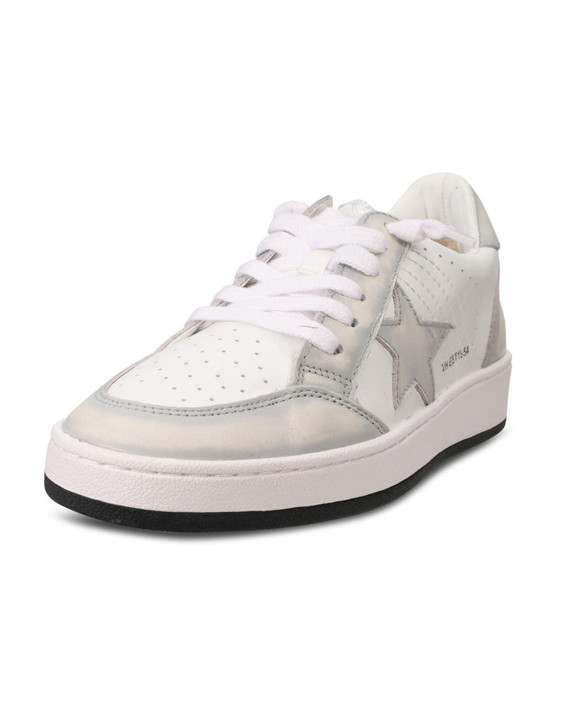 A white low-top sneaker with a metallic silver star on the side, white laces, and a thick white platform sole with a black outsole.