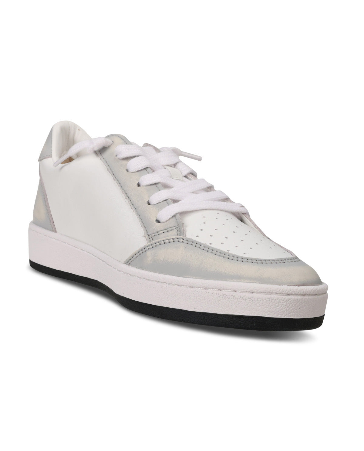 A low-top sneaker in white and metallic silver, featuring white laces, a thick white midsole, and a black outsole, shown against a plain white background.