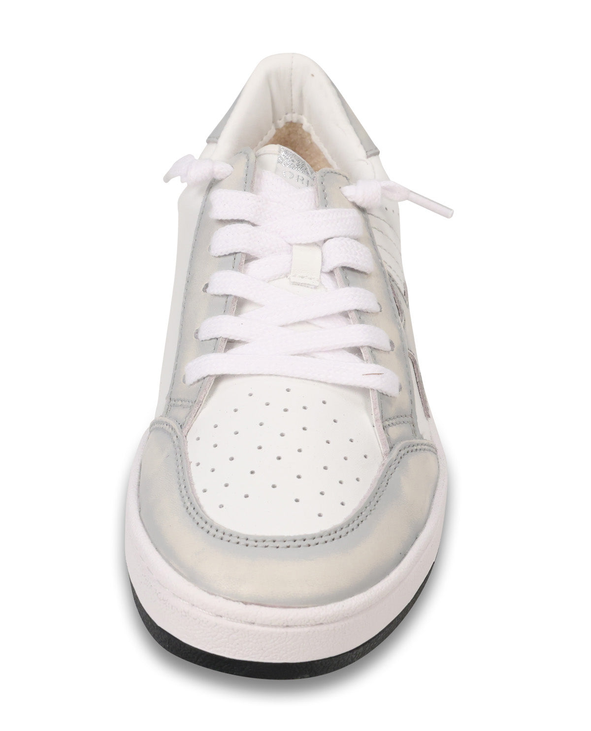 A low-top sneaker shown from a top-down view, featuring a white leather and semi-sheer mesh upper, white laces, and a thick white midsole with a black outsole.