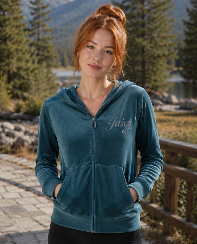 Woman wearing a teal hoodie with 'Juicy' branding in a forest setting