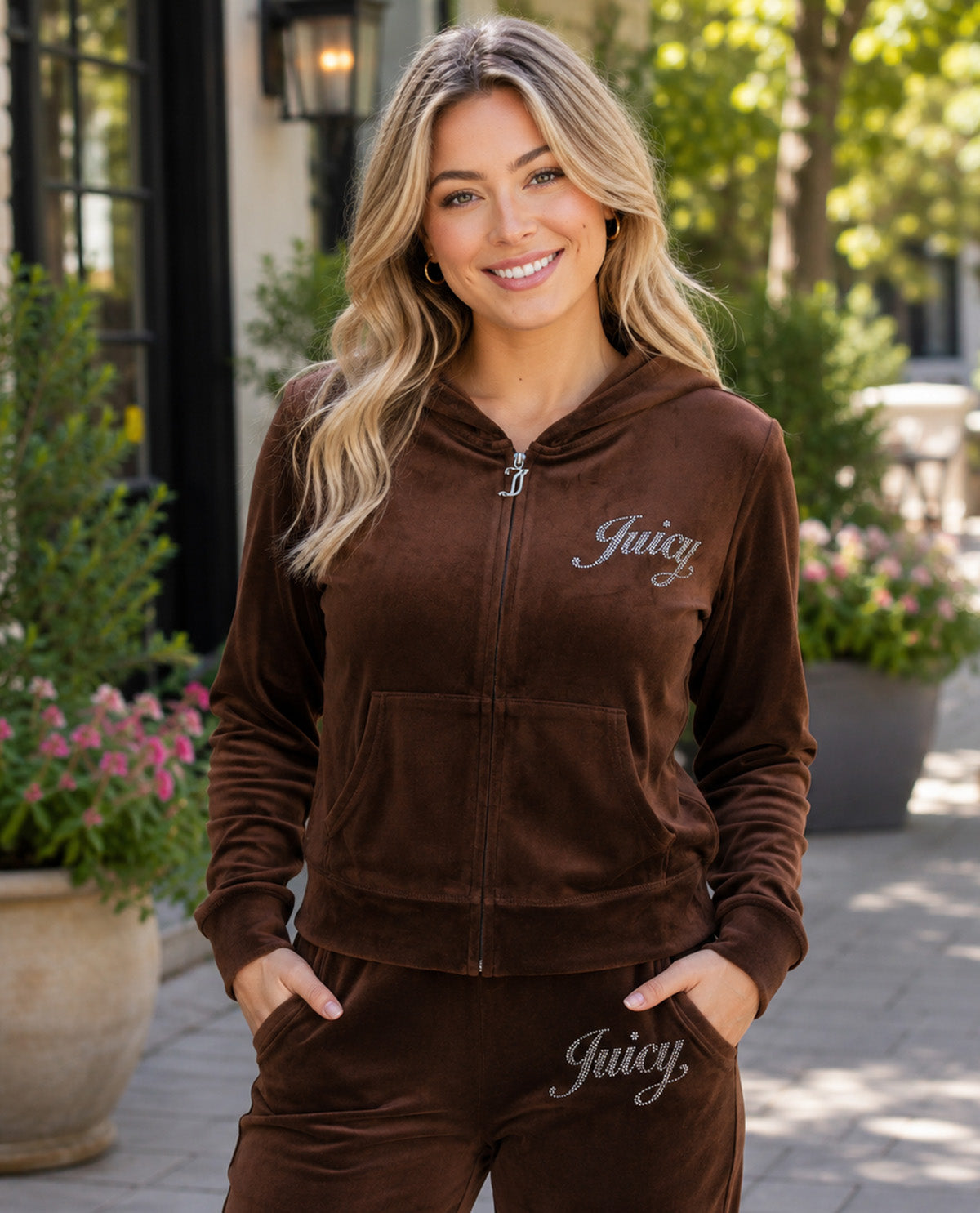A woman wearing a brown velvet zip-up hoodie and matching sweatpants with 'Juicy.' embroidered in white script on the chest and thigh, photographed outdoors on a paved walkway with potted plants and a building in the background.