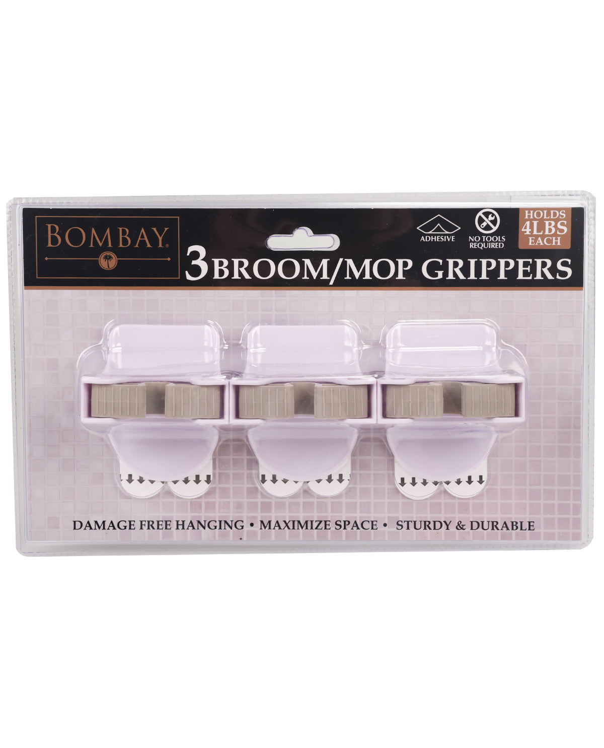 Pack of 3 Bombay brand broom and mop gripers in a clear plastic blister pack with a black and white header card.