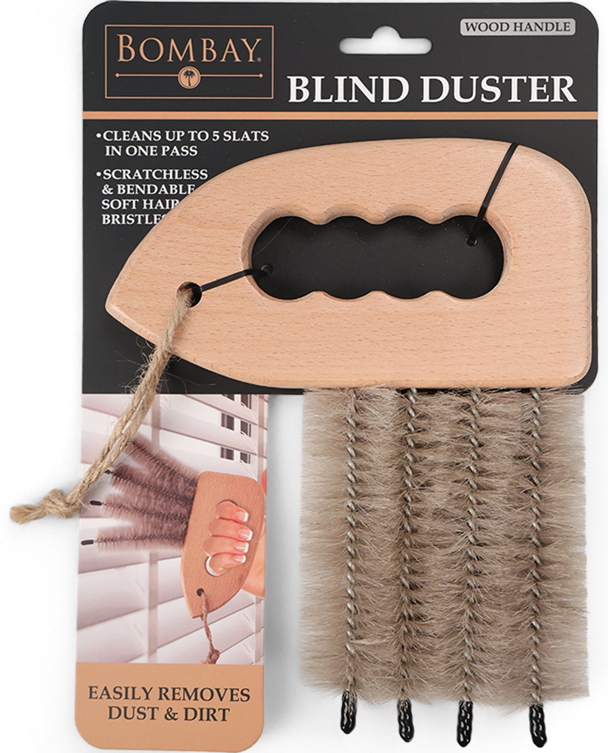 Bombay Blind Duster brush with a light wood handle and soft beige bristles, shown in its retail packaging with a black header card.