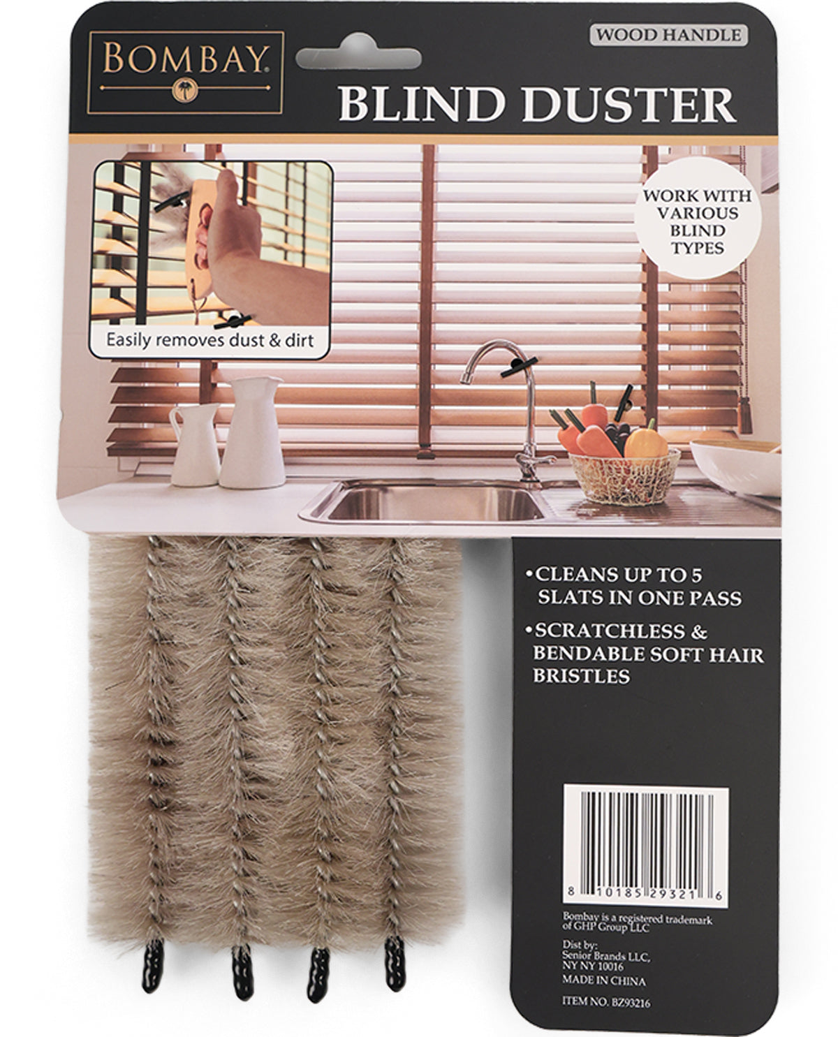 Bombay brand blind duster with soft hair bristles and a wood handle, packaged on a retail card showing window blinds and product benefits.