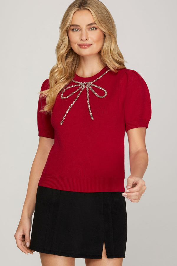 She and Sky Beaded Bow Sweater