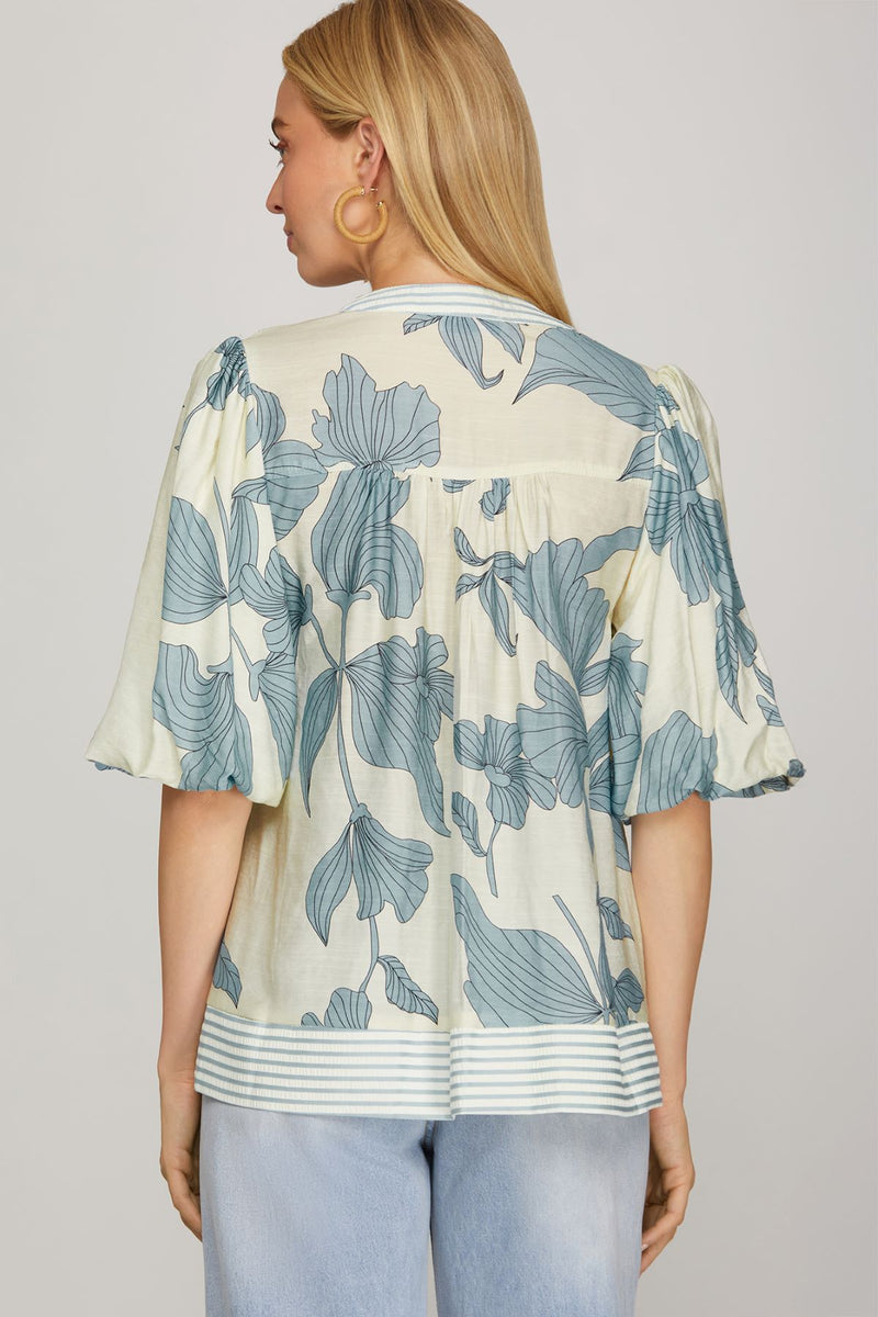 She and Sky Bubble Sleeve Print Top