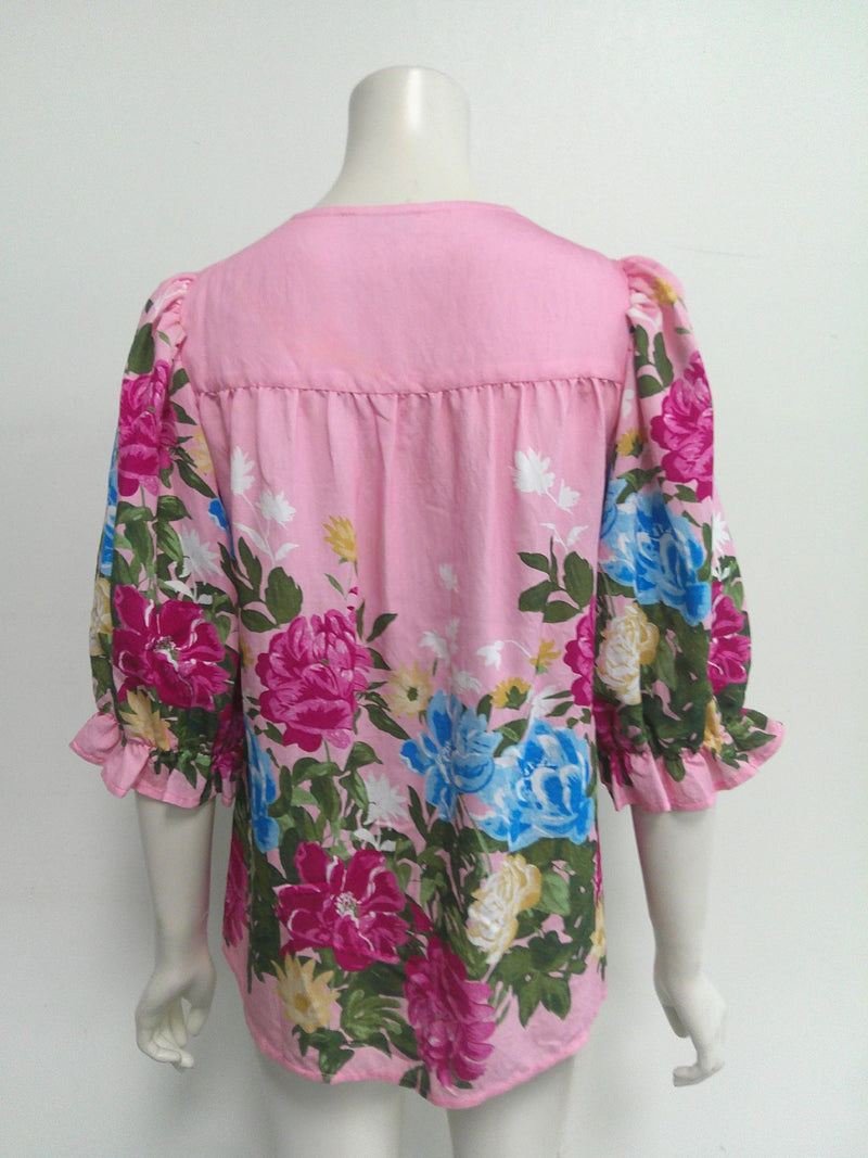 She and Sky Print V Neck Top with Multi Contrast