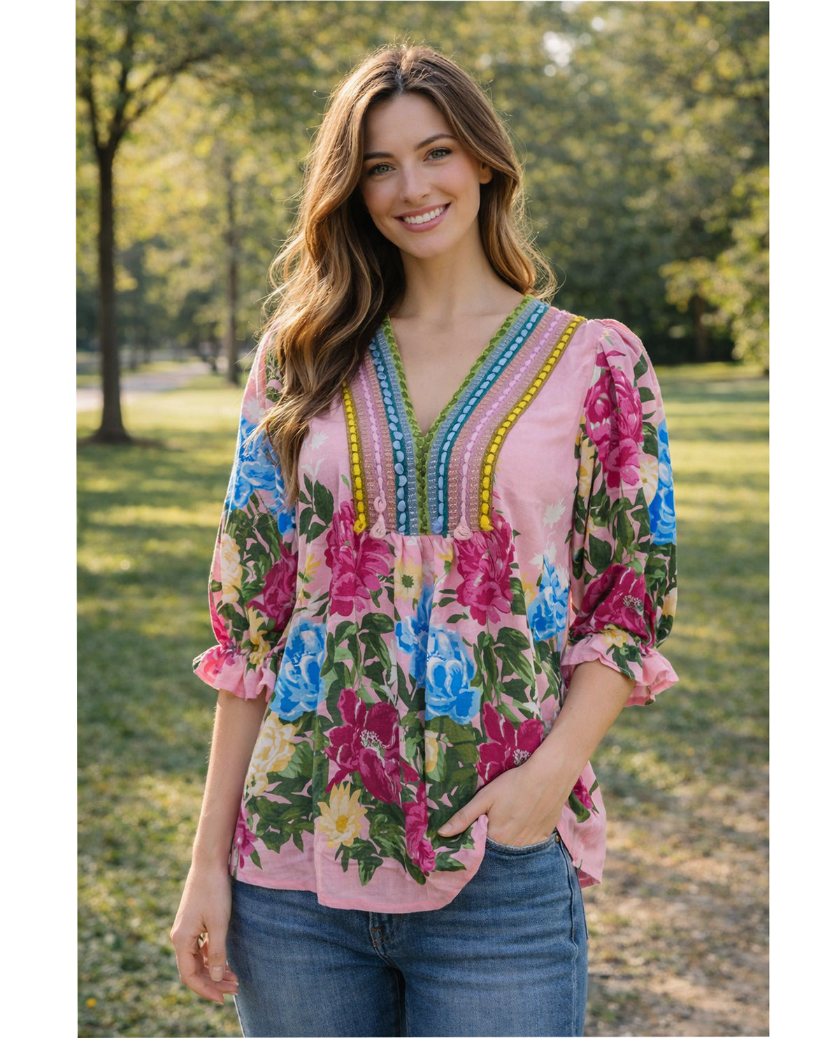 She and Sky Plus V Neck with Multi Color Patch Blouse