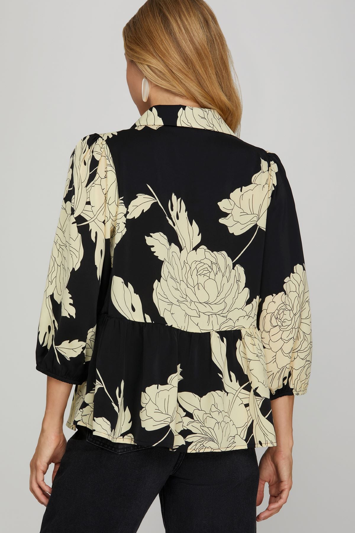 She and Sky Print Collar Button Down with Scallop Trim Blouse