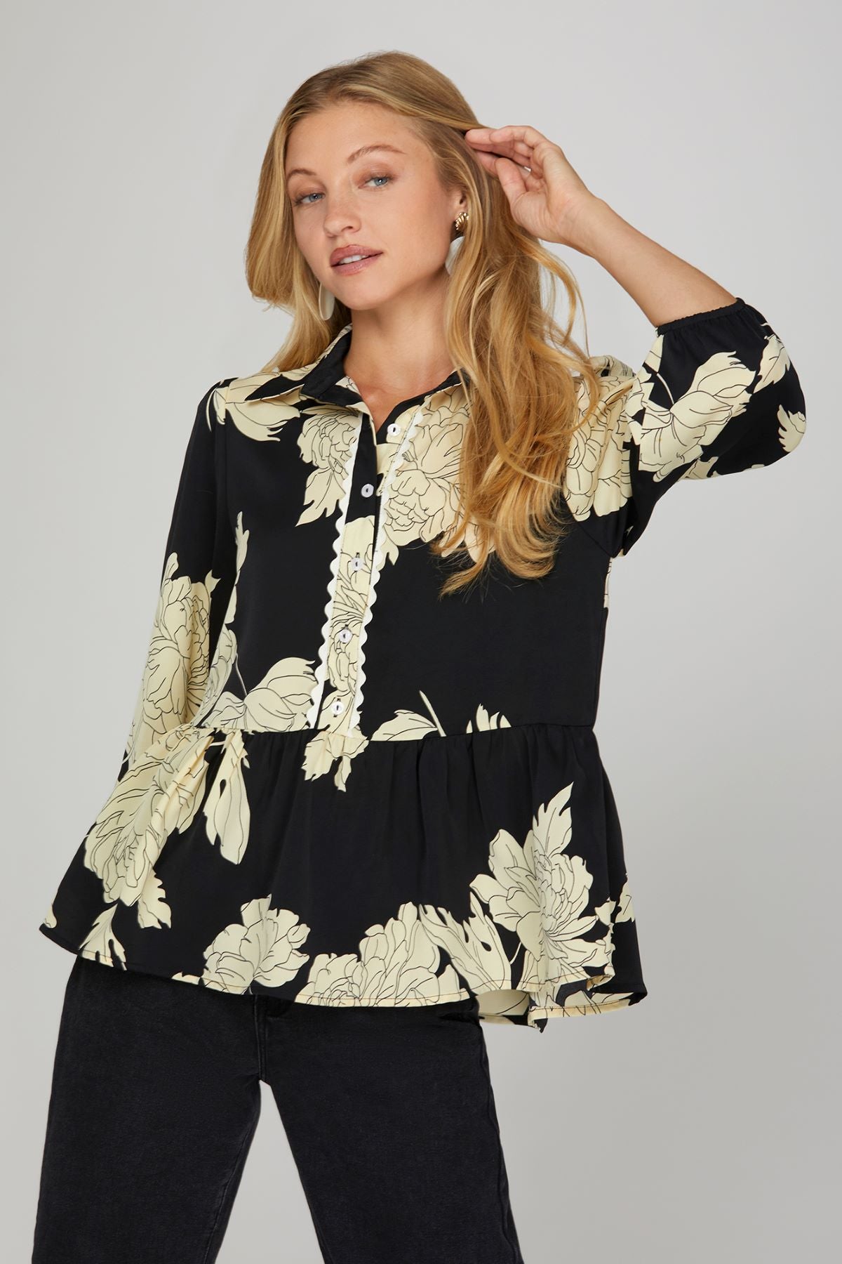 She and Sky Print Collar Button Down with Scallop Trim Blouse