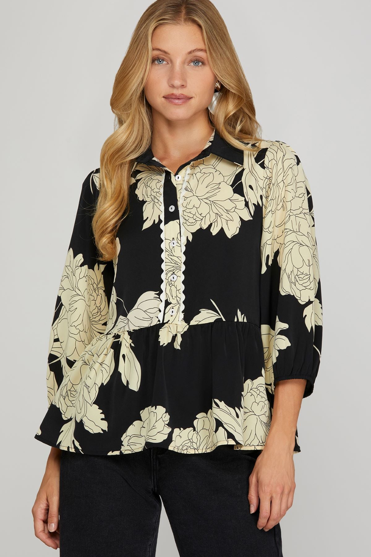 She and Sky Print Collar Button Down with Scallop Trim Blouse