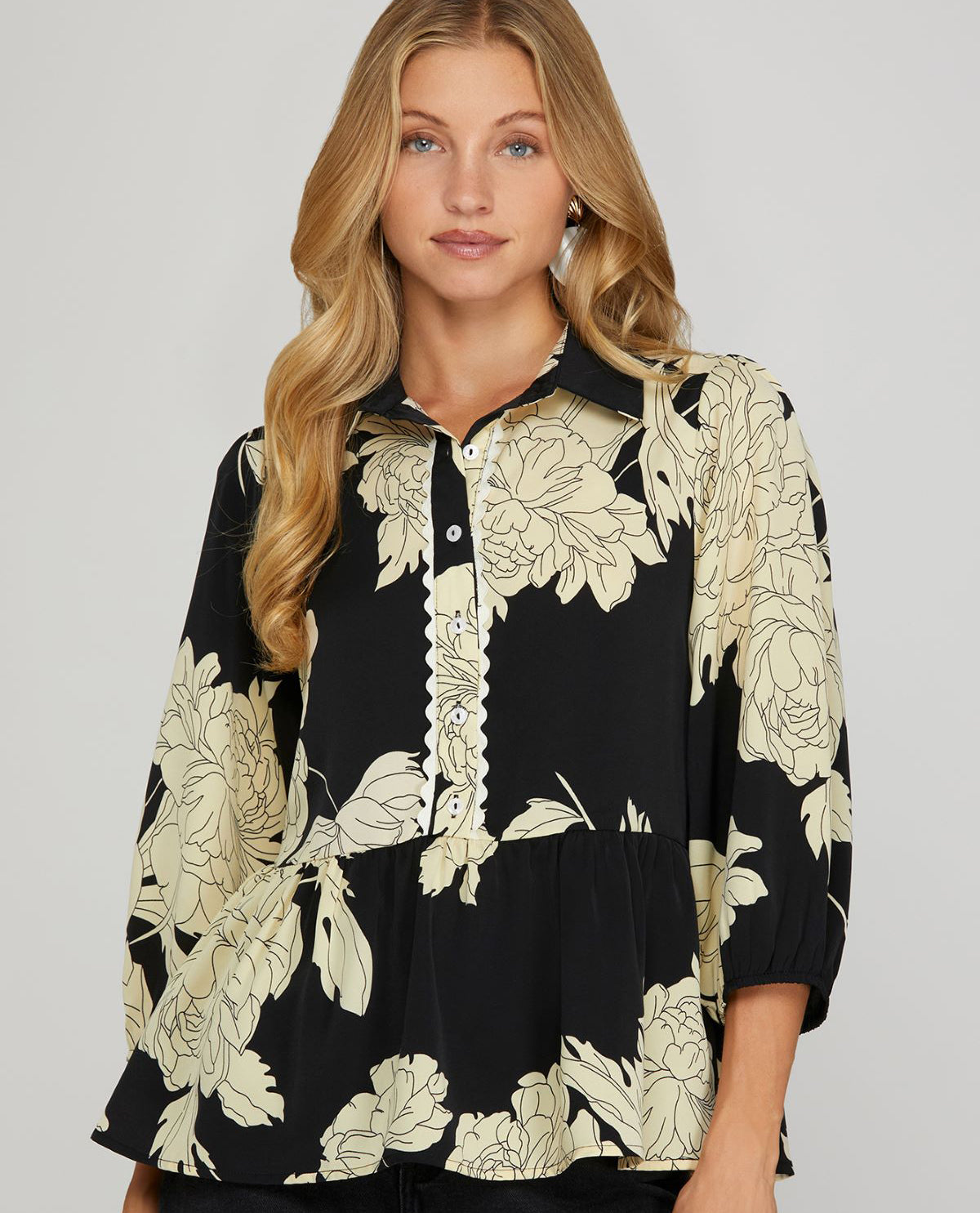 She & Sky Print Collar Button Down With Scallop Trim Blouse