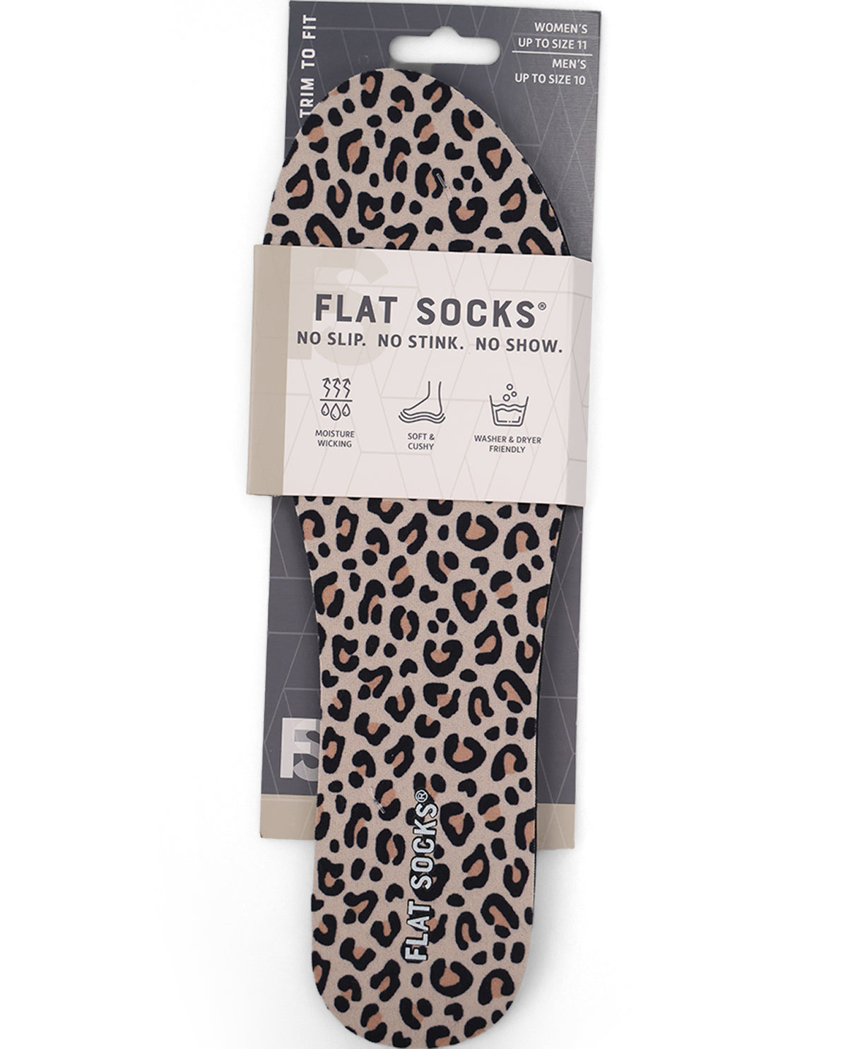 A pair of flat socks with a leopard print pattern, shown in their retail packaging. The packaging features a white paper band with product details and a dark gray backing card.