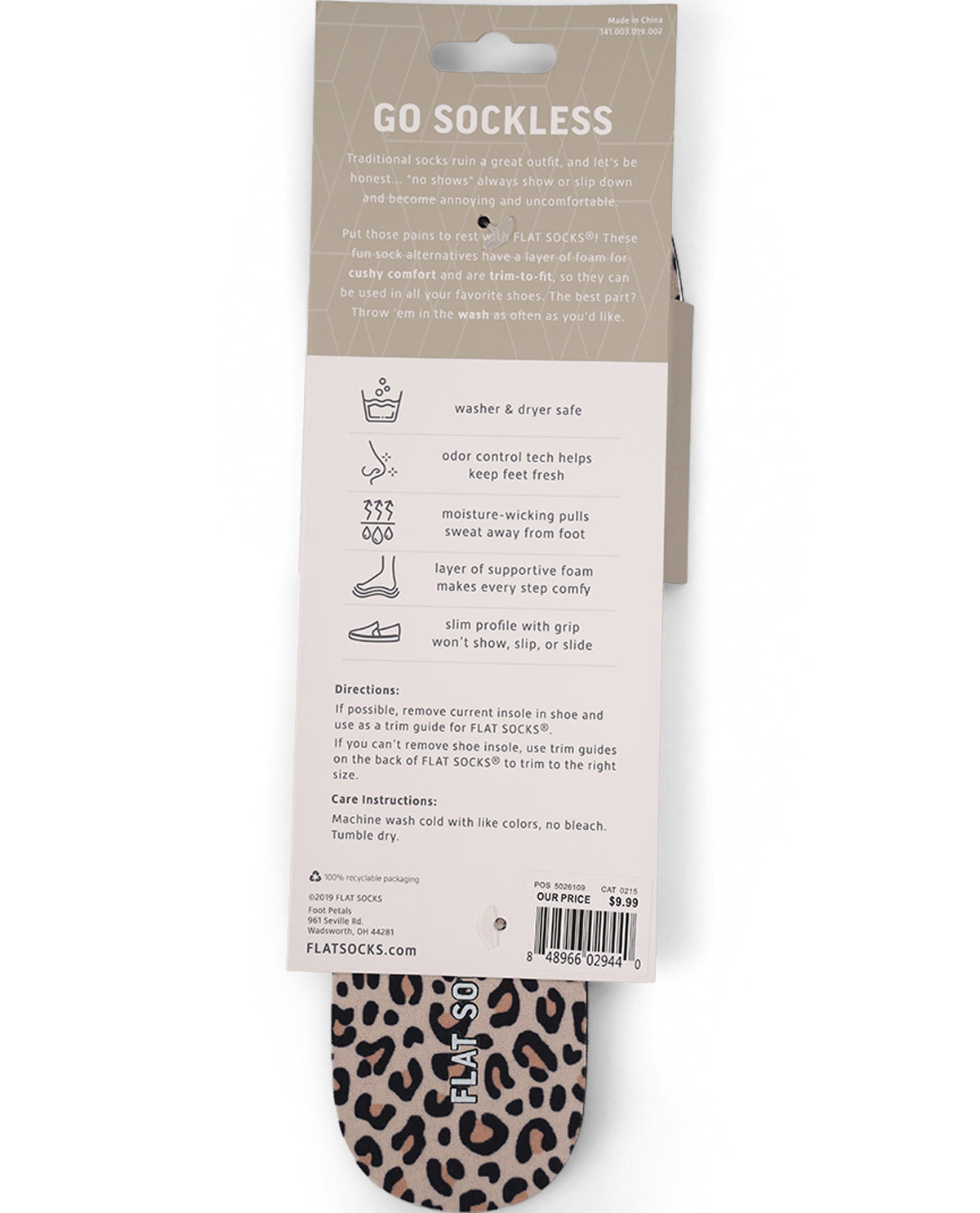 The back of a shoe packaging card showing product information, care instructions, and a pair of leopard-print socks hanging below.