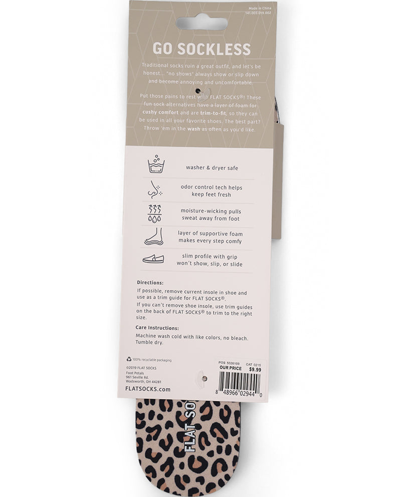 The back of a shoe packaging card showing product information, care instructions, and a pair of leopard-print socks hanging below.