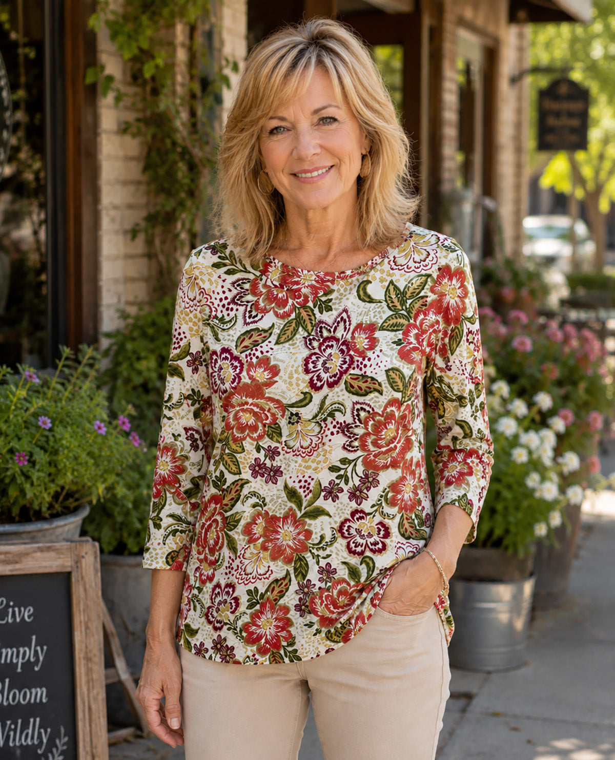 A smiling blonde woman stands outdoors in front of a storefront wearing a cream-colored three-quarter sleeve blouse with a vibrant red, orange, and green floral pattern, paired with beige pants.