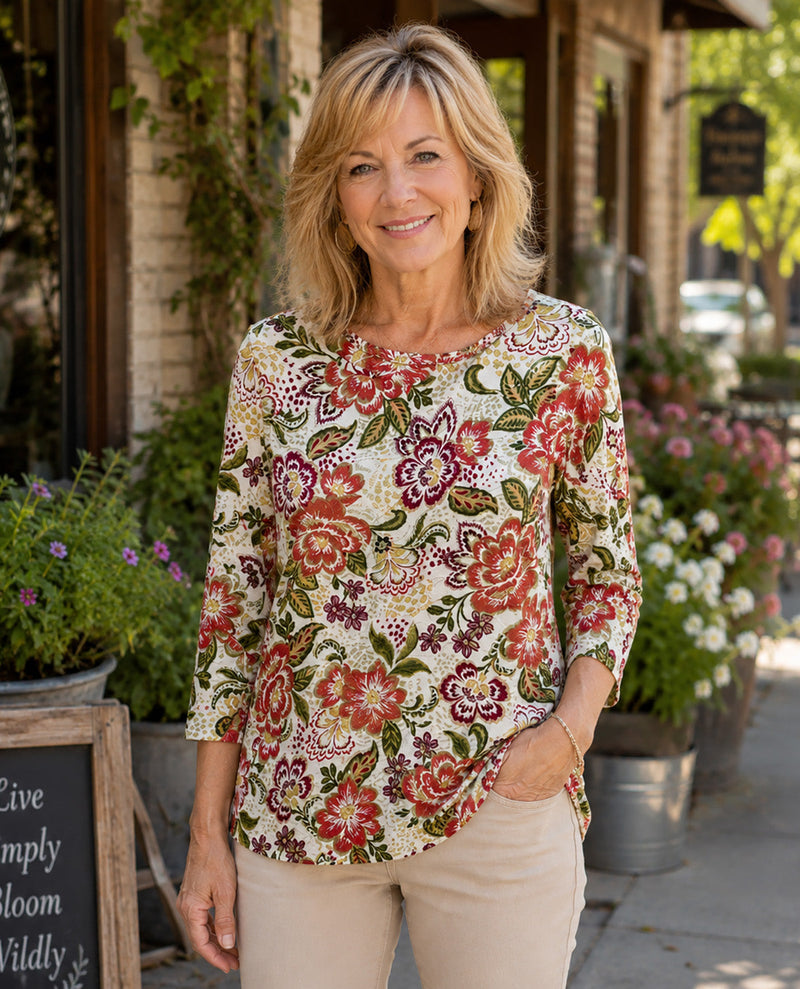 A smiling blonde woman stands outdoors in front of a storefront wearing a cream-colored three-quarter sleeve blouse with a vibrant red, orange, and green floral pattern, paired with beige pants.