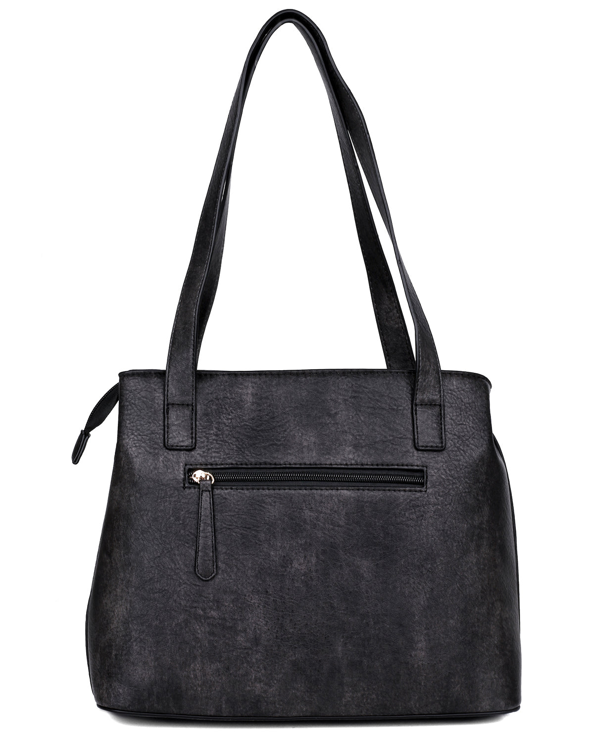 Black faux-leather tote bag with dual shoulder straps, a front zippered pocket, and a distressed textured finish, shown on a plain white background.