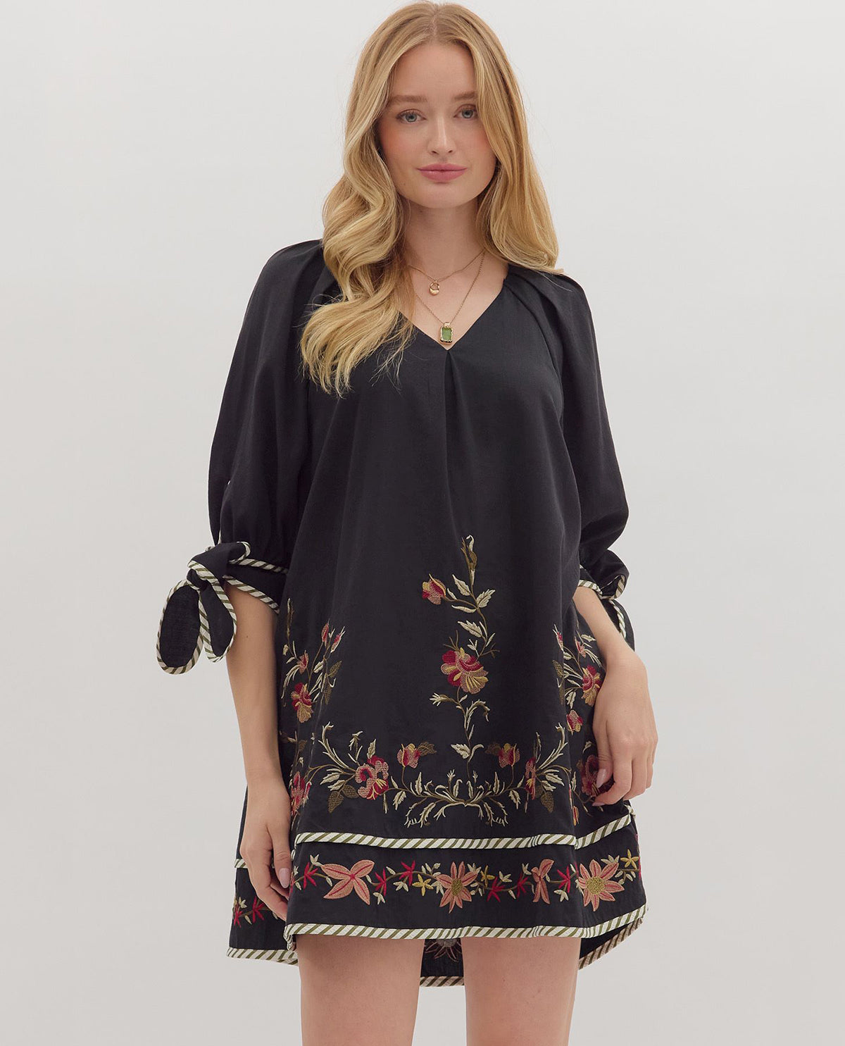 Entro 3/4 Sleeve Embroidered Dress with Tie Sleeve