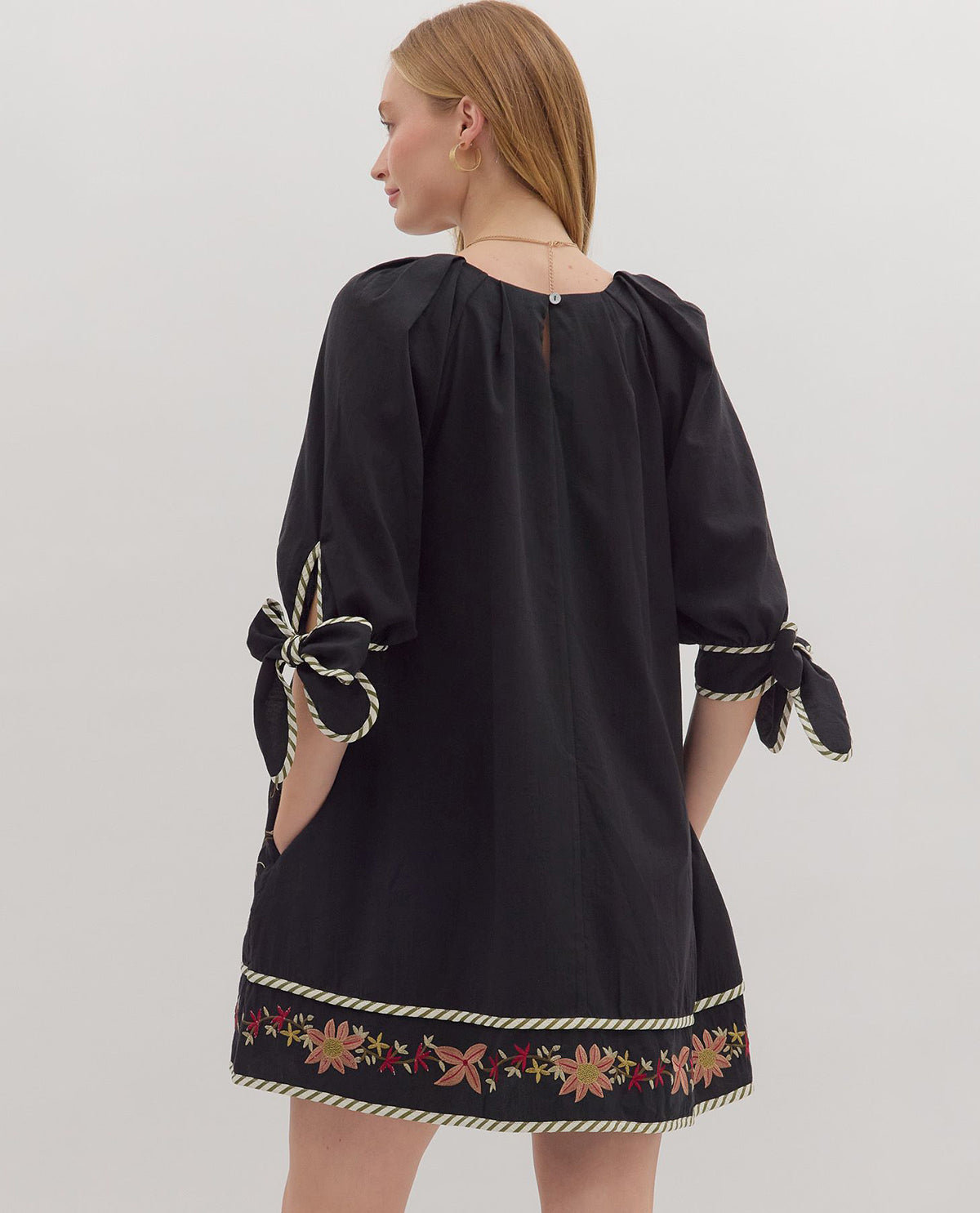 Entro 3/4 Sleeve Embroidered Dress with Tie Sleeve