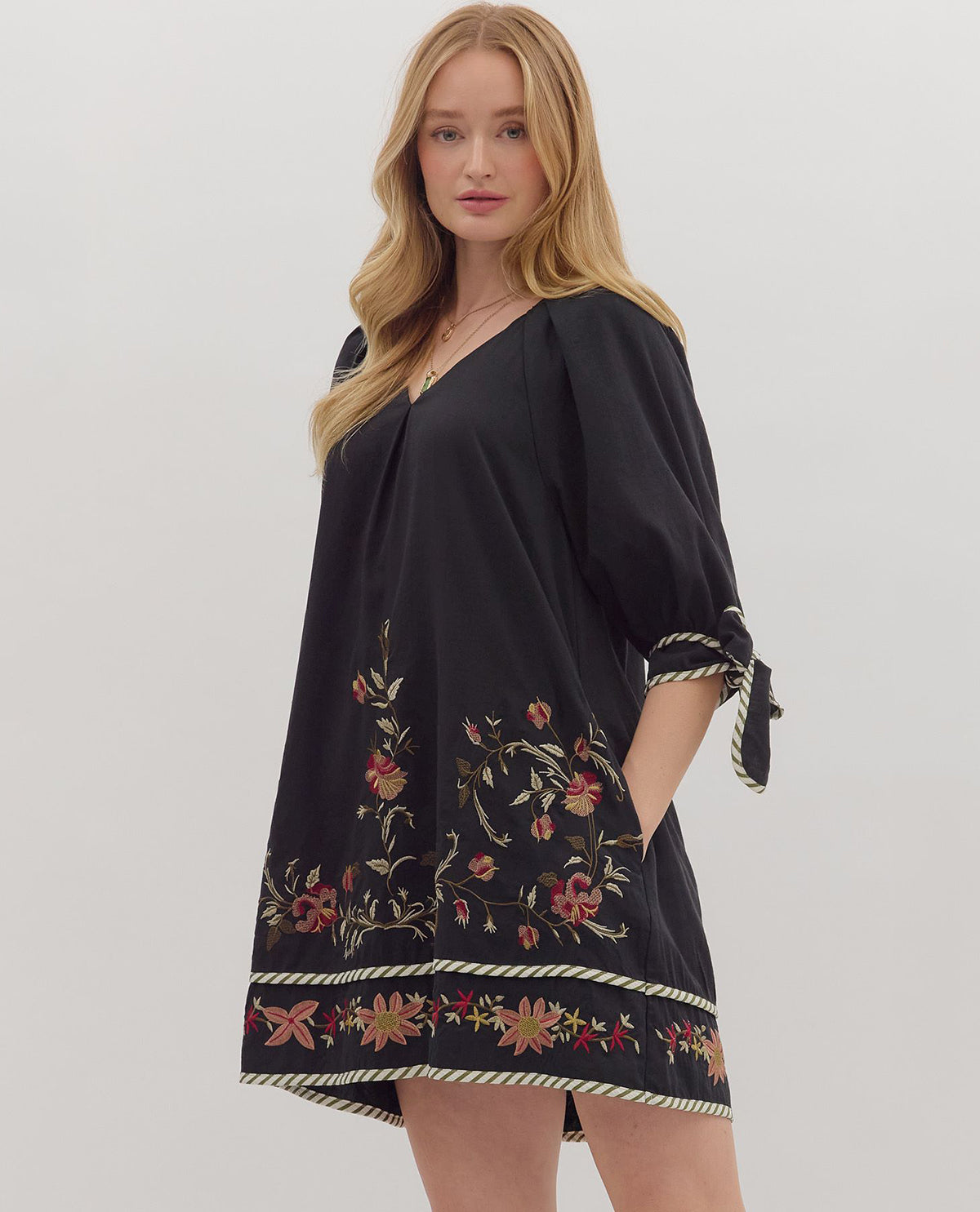 Entro 3/4 Sleeve Embroidered Dress with Tie Sleeve