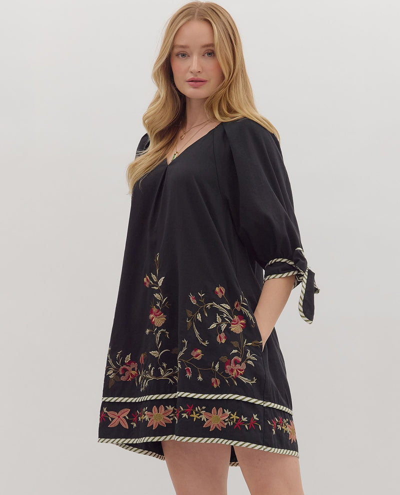 Entro 3/4 Sleeve Embroidered Dress with Tie Sleeve