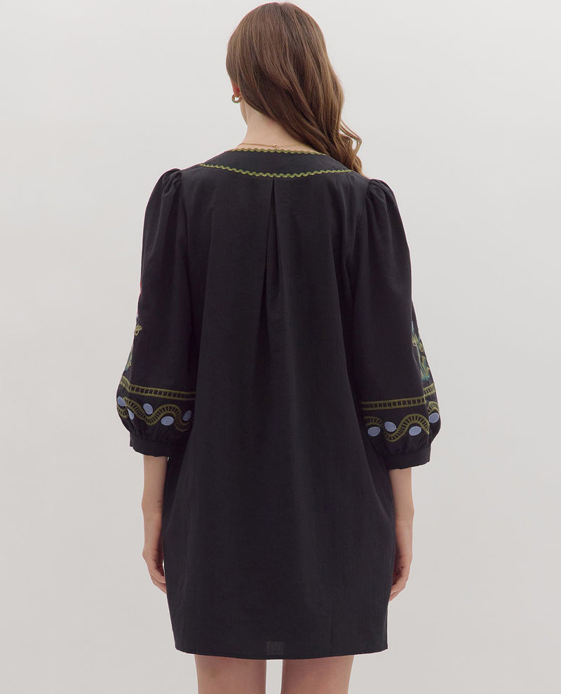 Entro 3/4 Sleeve Solid Dress with Embroidery