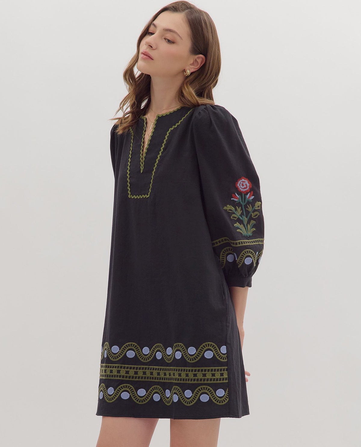 Entro 3/4 Sleeve Solid Dress with Embroidery