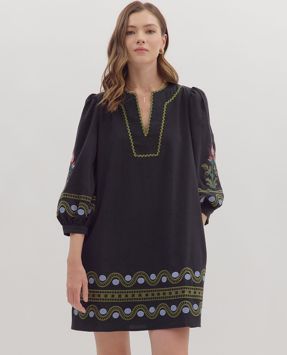 Entro 3/4 Sleeve Solid Dress with Embroidery