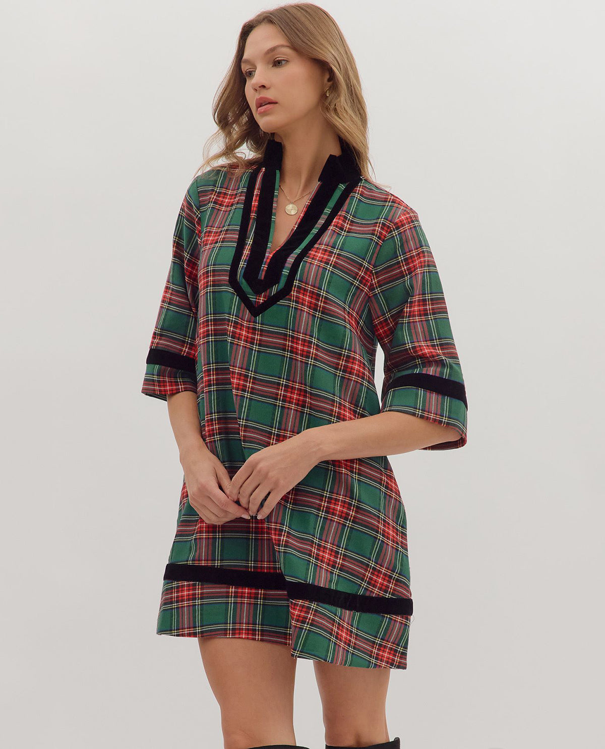 Entro Plaid Dress with Solid Trim