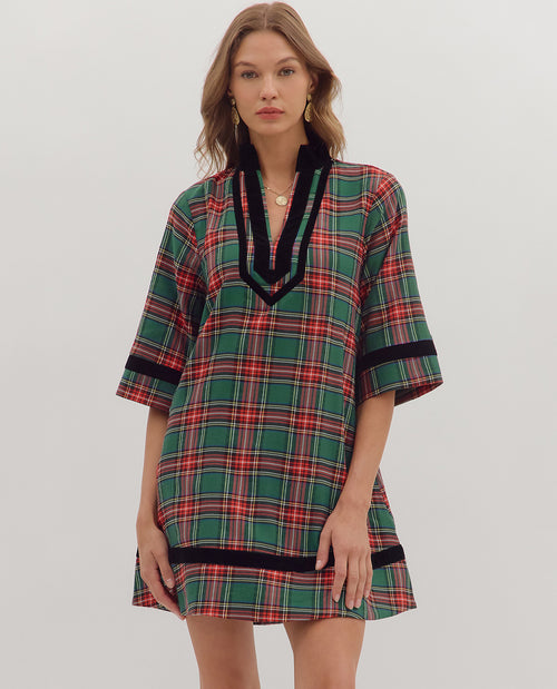 Entro Plaid Dress with Solid Trim