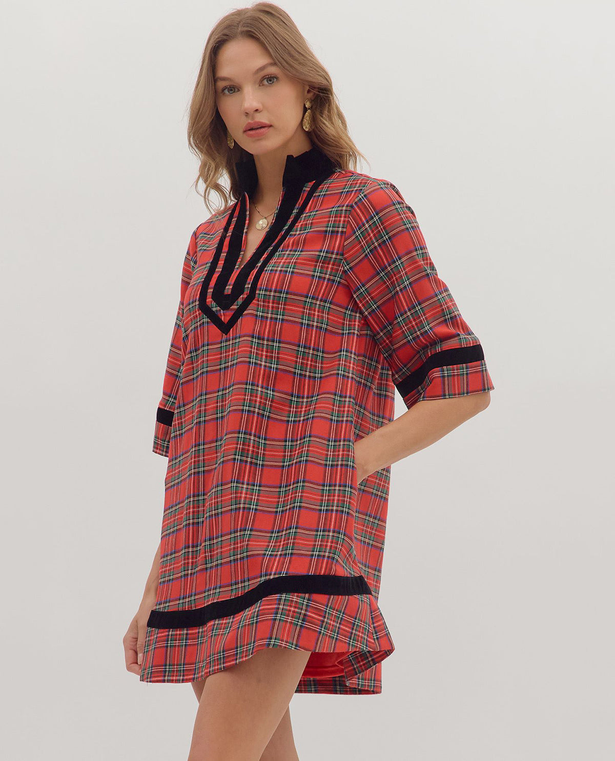 Entro Plaid Dress with Solid Trim