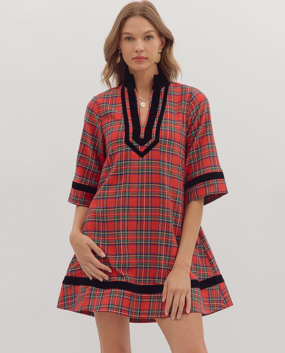 Entro Plaid Dress with Solid Trim