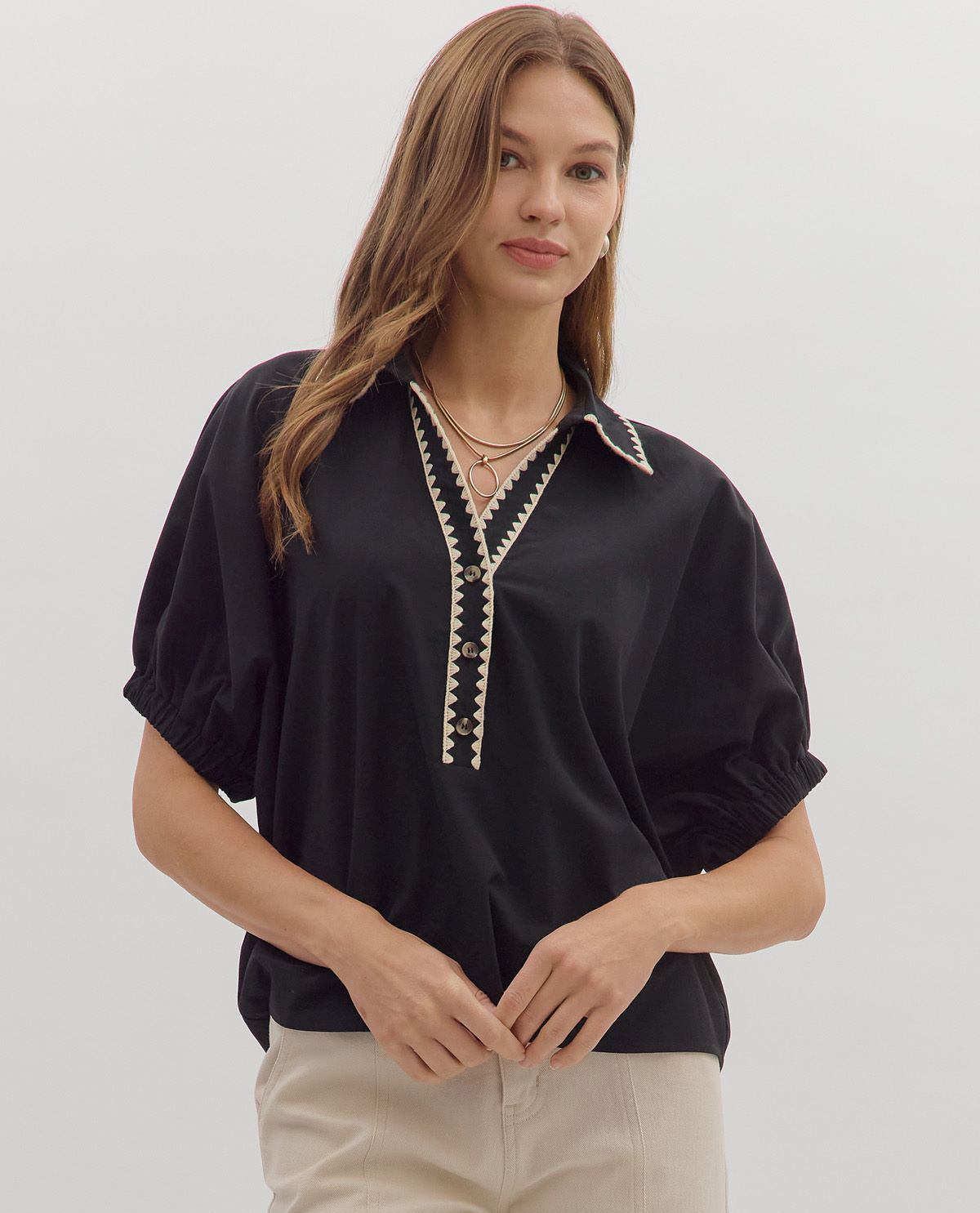 Entro Solid Button Front with Black Trim Collar