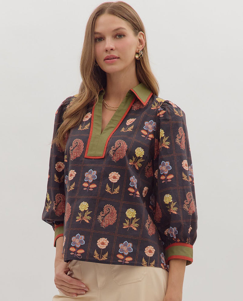 Entro Print Top with Solid Contrast