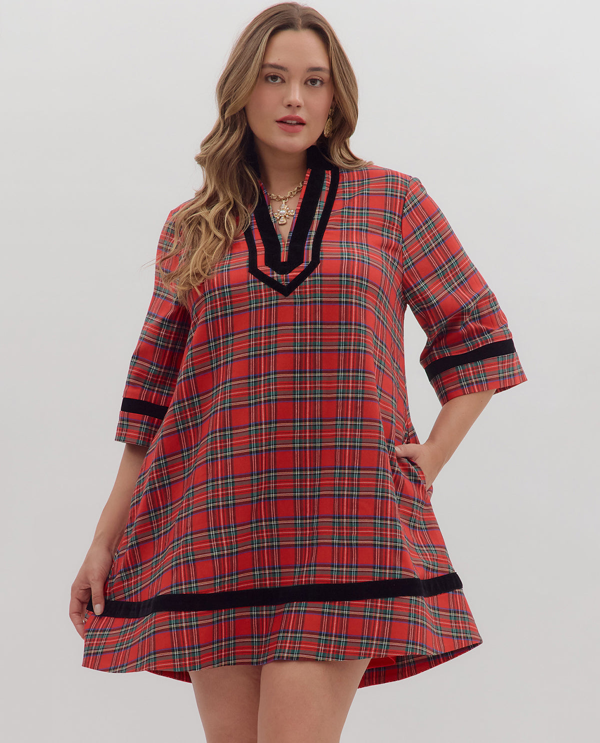 Entro Plus Plaid Dress with Solid Trim