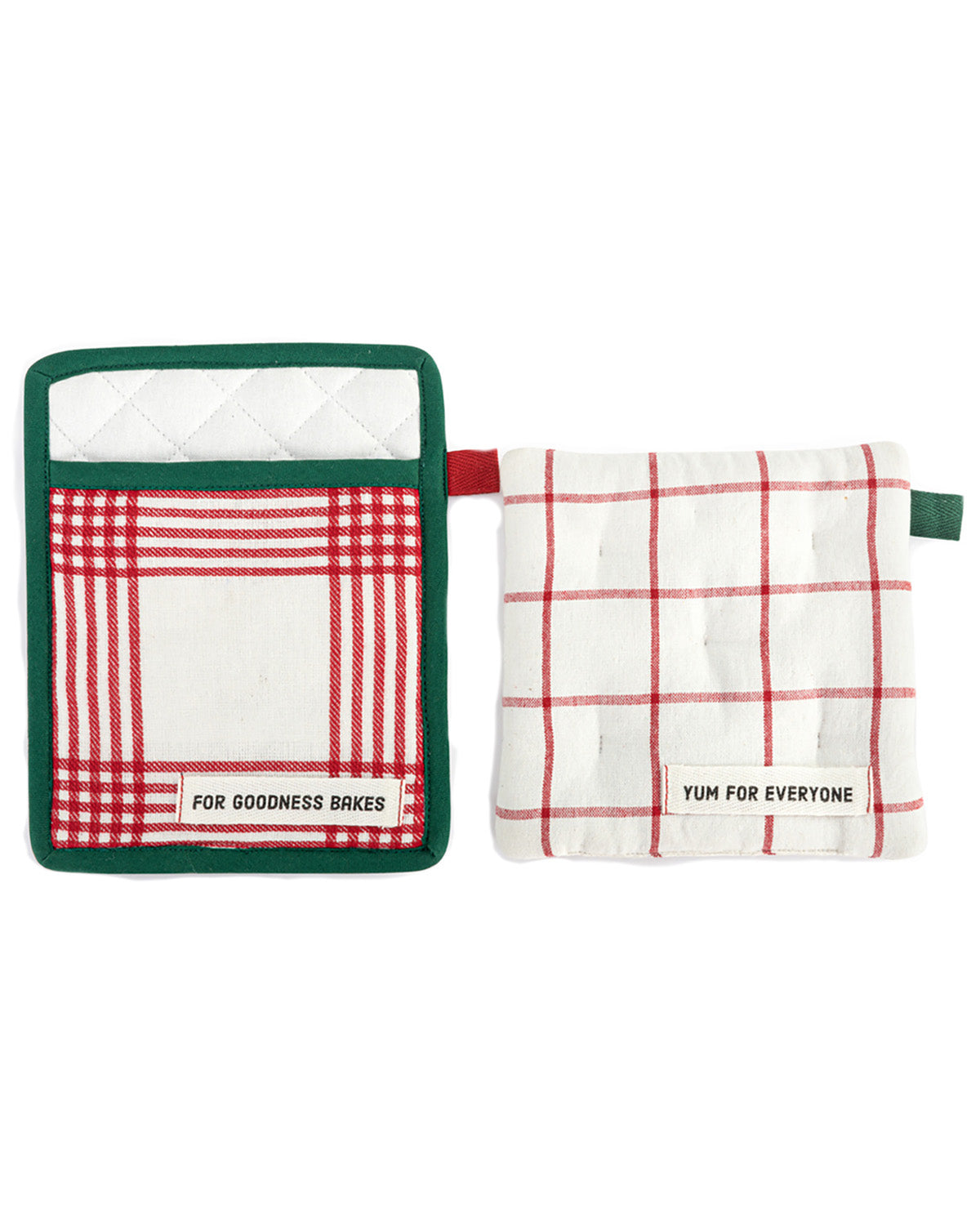 Two quilted oven mitts on a white background. The left mitt has a green border, a red and white plaid pocket, and a white label that reads 'FOR GOODNESS BRICKES'.