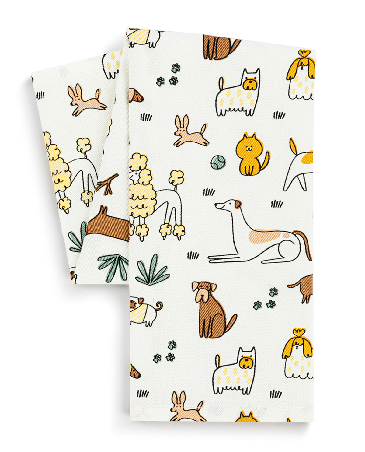 Two white tea towels with a whimsical pattern of illustrated dogs, cats, rabbits, and flowers, displayed on a clean white background.