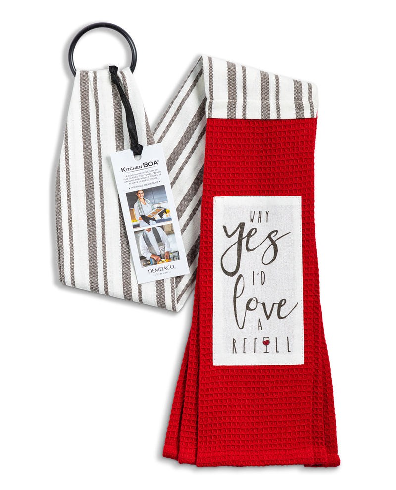 A red waffle-weave tea towel with a white printed sign reading 'Why yes I'd love a refill' and a black hanging loop, shown next to a striped tea towel with a Kromer BOX tag on a white background.
