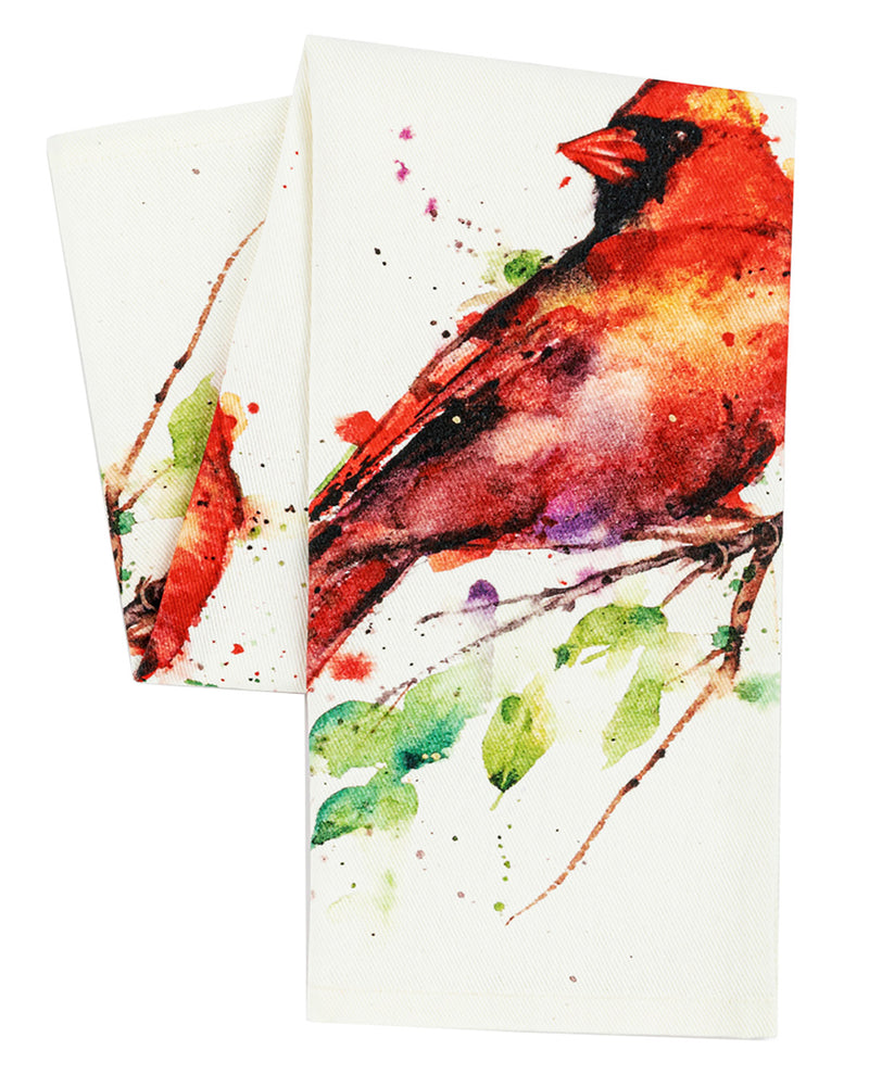 A white rectangular art print or card featuring a watercolor-style cardinal perched on a branch with green leaves, shown against a white background with a second overlapping copy visible behind it.