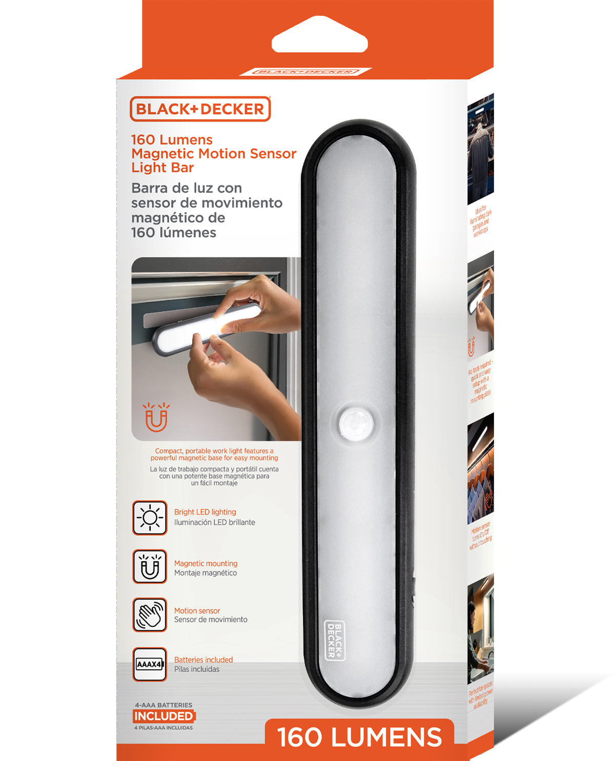 Black+Decker magnetic motion sensor light packaging with text and images of usage.